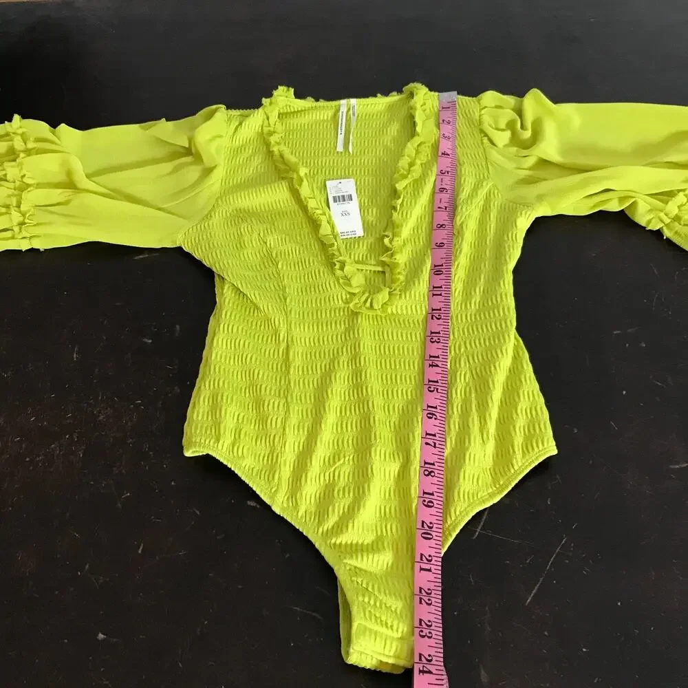 By Anthropologie Deep V Puff Sleeve Bodysuit XXS Green Smocked NWT